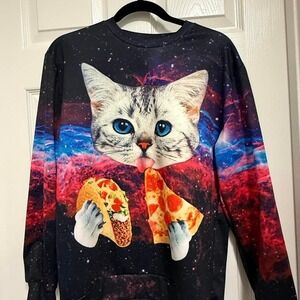 Retro Long Sleeve Cat in Space Eating Tacos and Pizza Galaxy